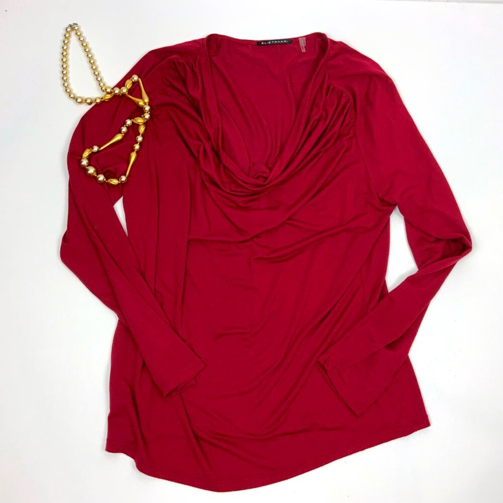 Elie Tahari Cranberry Red Cowl Neck Long Sleeve Top Blouse Career Sz L - Picture 13 of 16